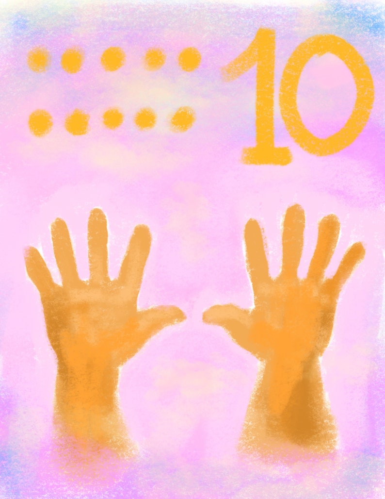 May include: A colorful illustration of the number 10 with ten yellow dots above it. Two orange hands are raised with all five fingers extended.