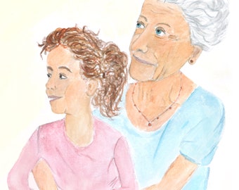 Oma en meisje kleindochter poster tekening. Met de hand gemaakte aquarelillustraties