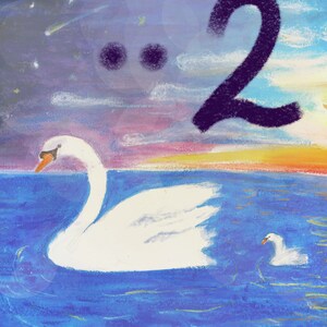May include: A painting of a white swan swimming in a blue body of water with a smaller swan behind it. The sky is a vibrant purple and orange with a large black number "2" in the upper right corner.