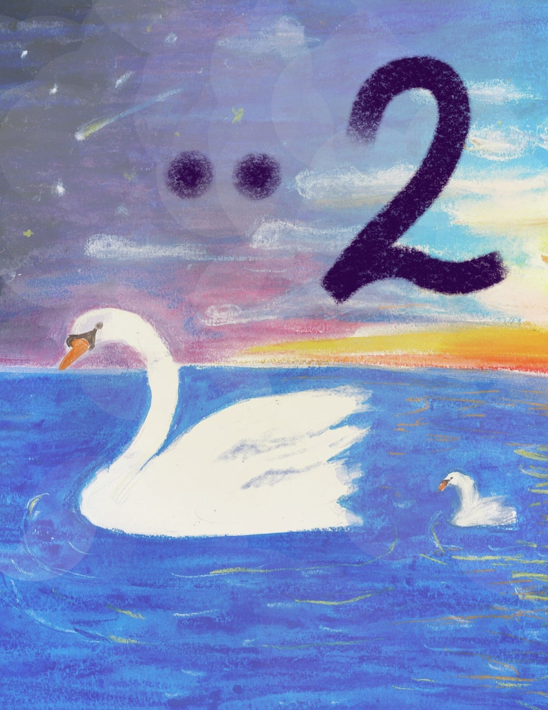 May include: A painting of a white swan swimming in a blue body of water with a smaller swan behind it. The sky is a vibrant purple and orange with a large black number "2" in the upper right corner.