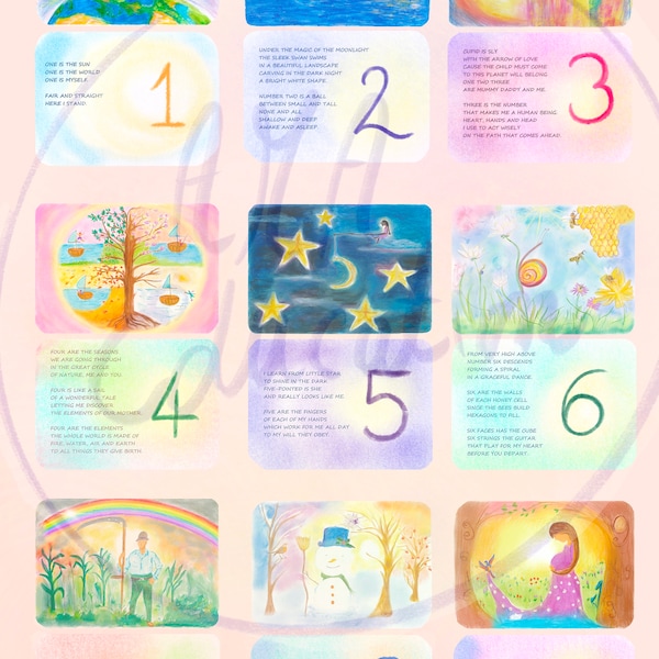 Numbers posters and poetries - Waldorf Steiner introduction to quality of numbers - hidden numbers and play cards