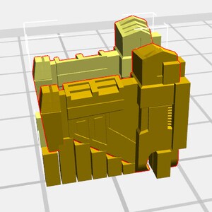 May include: A 3D-rendered model of a complex, geometric structure. The model is primarily a shade of gold, with red outlines defining its edges. The design features a combination of rectangular and angular shapes, suggesting a mechanical or architectural theme.