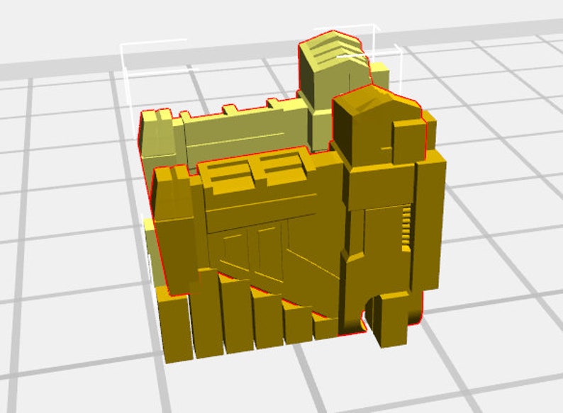 May include: A 3D-rendered model of a complex, geometric structure. The model is primarily a shade of gold, with red outlines defining its edges. The design features a combination of rectangular and angular shapes, suggesting a mechanical or architectural theme.