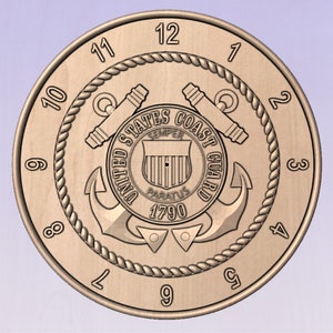 May include: A wooden clock face with the United States Coast Guard emblem in the center. The emblem features a shield with the words "Semper Paratus" and "1790" and two crossed anchors. The clock face has Roman numerals around the edge.