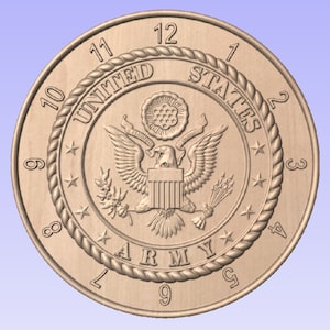 May include: A wooden clock face with a rope border and the words "United States Army" in the center. The clock face has Roman numerals around the edge.