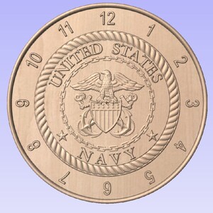 May include: A wooden clock face with a rope design around the edge. The center of the clock features the United States Navy seal with an eagle, shield, and anchors. The numbers 1 through 12 are around the edge of the clock face.