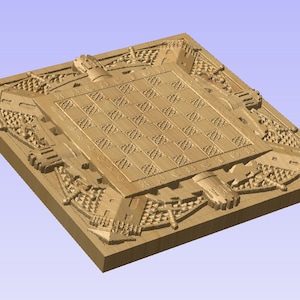 May include: A wooden chessboard with intricate carvings around the edges. The board is made of light brown wood and has a checkered pattern.
