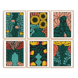 Set von 6 moderne Blumen Kreuzstichmuster, abstrakte Natur Kreuzstich, Pflanze, einfach gezählt Kreuzstichvorlage. Sofortiger Download PDF