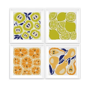 Set of 4 Modern Abstract Fruit Cross stitch patterns, Modern cross stitch, Food, Small counted cross stitch chart. Instant download PDF