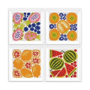 Set of 4 Modern Abstract Fruit Cross stitch patterns, Modern cross stitch, Food, Small counted cross stitch chart. Instant download PDF