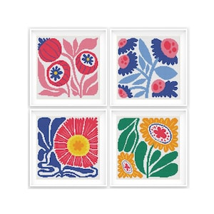 Set of 4 Modern Boho Cross stitch patterns, Abstract floral cross stitch, Flower, Small counted cross stitch chart. Instant download PDF