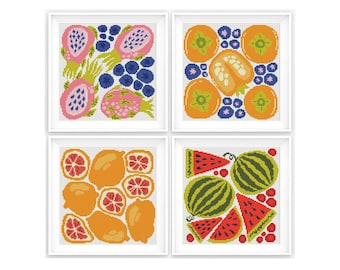 Set of 4 Modern Abstract Fruit Cross Stitch Patterns, Modern Cross