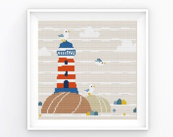 Cross stitch pattern, Lighthouse, Modern Cute Landscape, Boho, Counted cross stitch, Nursery decor, Counted xstitch, Instant download PDF