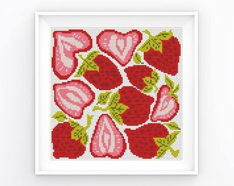 Kruissteekpatroon modern fruit. Plantaardige kwekerij pdf-borduurontwerp. Grappig kruissteekpatroon. Voedsel, samenvatting. Direct downloaden.