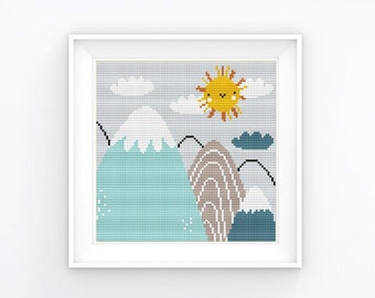 Cross stitch pattern, Modern Cute Landscape, Boho, Mountain,Small Counted cross stitch, Nursery decor, Counted xstitch, Instant download PDF