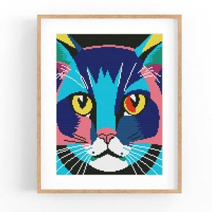 Cat Abstract Modern Cross Stitch Pattern, Vibrant Modern x-stitch Pattern, Cross Stitch Chart, Cat Lover Gift Pattern, Instant Download PDF