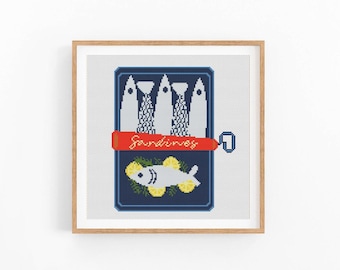 Korsstygnsmönster med sardiner, matkonst med sardiner, korsstygnsmönster med fisk, modern korsstygnsdesign, direktnedladdning i PDF-format