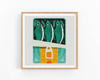 Sardines Can Cross Stitch Pattern, Sardine Food Art, Fish Can Cross Stitch Pattern, Modern Cross Stitch Design, Instant Download PDF