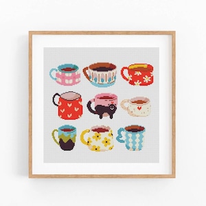 Kitchen mugs for tea and coffee cross stitch pattern PDF. Modern teacup counted xstitch chart PDF for beginner