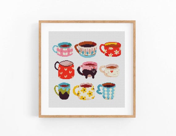 Kitchen mugs for tea and coffee cross stitch pattern PDF. Modern teacup counted xstitch chart PDF for beginner