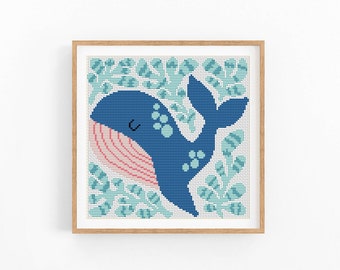 Padrão de ponto cruz de baleia em PDF, desenho de bordado de animal marinho fofo, ponto cruz para quarto de bebê, download de padrão pequeno e fácil