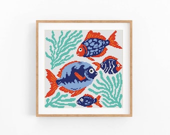 Cross Stitch Pattern Modern Ocean Abstract, Modern Sea, Fish, Water, Easy x-stitch, Cross Stitch Chart, Nature Pattern, Instant Download PDF