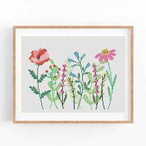 Wilde bloemen, bloemen modern kruissteekpatroon. Bloesem getelde steekkaart, kruissteektabel, natuurpatroon, pdf direct downloaden