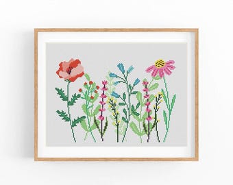 Wildflower Bouquet Cross Stitch Pattern, Poppy Pink Daisy Botanical Chart, Modern Garden Design, DMC Colors, Instant Download, Digital File