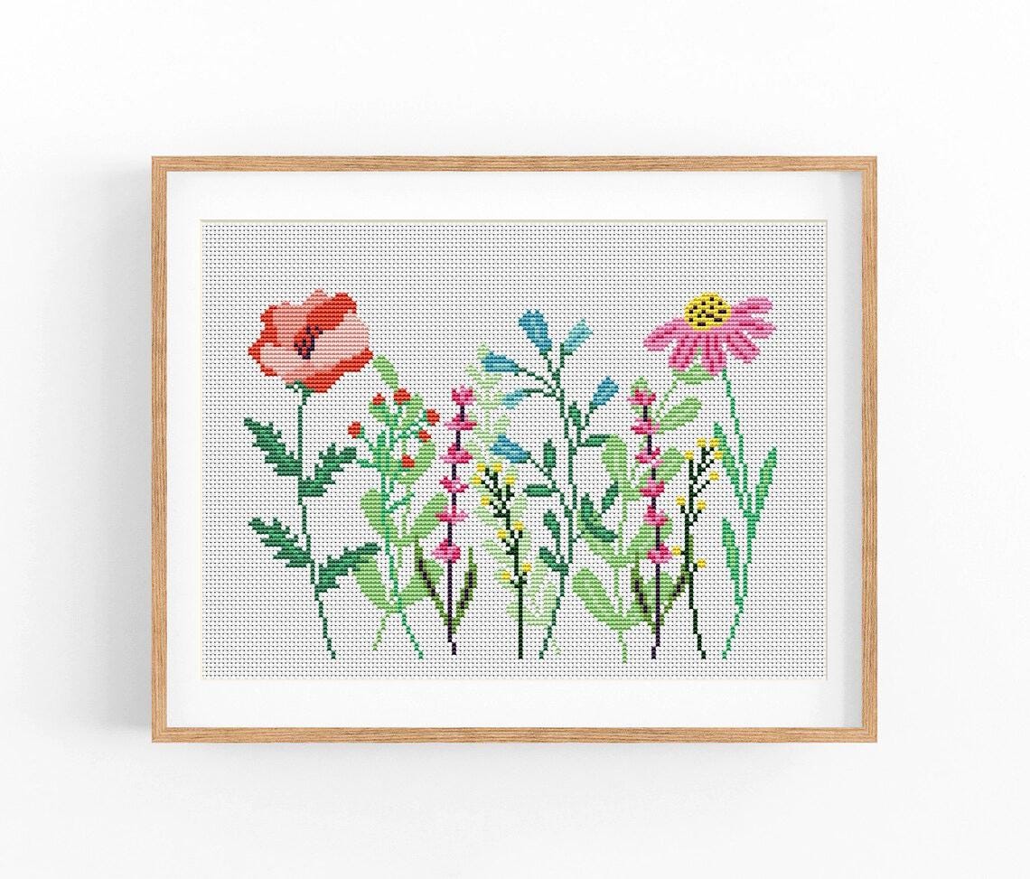 Wild Flowers, Floral Modern Cross Stitch Pattern. Blossom Counted