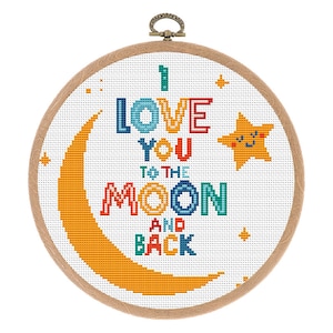 Wzór do haftu krzyżykowego, Nowoczesny, Kocham Cię do księżyca i z powrotem, Mały haft krzyżykowy, Dekoracja pokoju dziecięcego, Łatwy xstitch, Natychmiastowe pobieranie pliku PDF