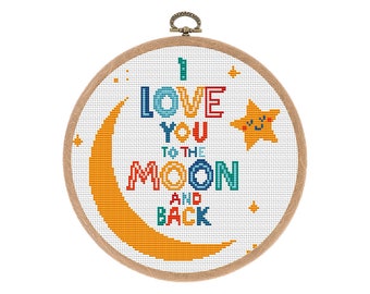 Cross stitch pattern, Modern, I love you to the moon and back, Small Counted cross stitch, Nursery decor, Easy xstitch, Instant download PDF