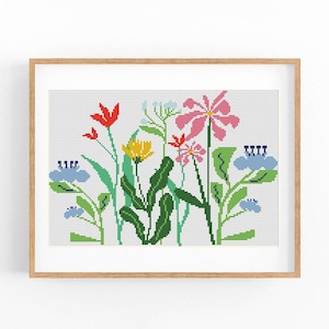Wilde bloemen. Modern kruissteekpatroon. Zomer getelde kruissteekkaart. Natuur bloemenborduurwerk. Kleine steek. Pdf direct downloaden