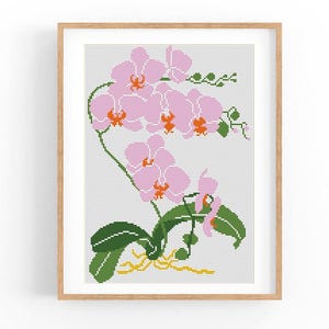 Op de afbeelding: Kruissteekpatroon van roze orchideeën met groene bladeren en stengels op een witte achtergrond. Het patroon is ingelijst in een licht houten frame.