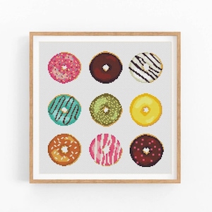 May include: A cross-stitch pattern featuring nine colorful donuts with various toppings, including sprinkles, chocolate, and glaze. The donuts are arranged in a grid pattern on a white background.