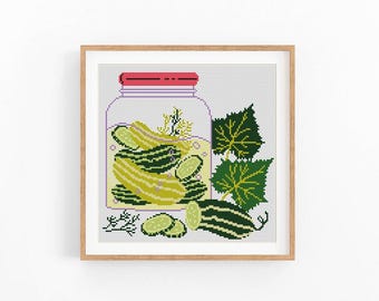 Pickle Jar Cross Stitch Pattern, Dill Pickle Embroidery, Food Art, Cucumber Xstitch Pattern, Modern Cross Stitch Design,Instant Download PDF