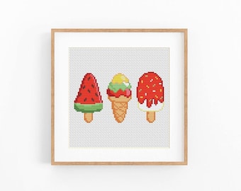 Ice Cream Cross Stitch Pattern, Modern Food Kitchen embroidery design. Watermelon xstitch chart. Instant download PDF