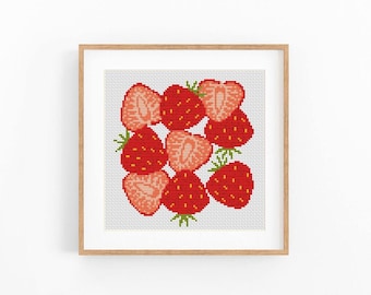 Motif de point de croix aux fraises, motif de broderie de fruits moderne. Grille de points d'alimentation, téléchargement immédiat en PDF