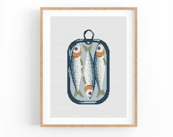 Sardines Can Cross Stitch Pattern, Sardine Food Art, Fish Can Cross Stitch Pattern, Modern Cross Stitch Design, Instant Download PDF