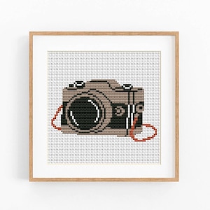 Puede incluir: Arte de punto de cruz de una cámara vintage en tonos marrón, negro y blanco, con una correa roja. La cámara está enmarcada en un marco de madera marrón claro, sobre un fondo blanco.