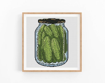 Pickle Jar Cross Stitch Pattern, Dill Pickle Embroidery, Food Art, Cucumber Xstitch Pattern, Modern Cross Stitch Design,Instant Download PDF