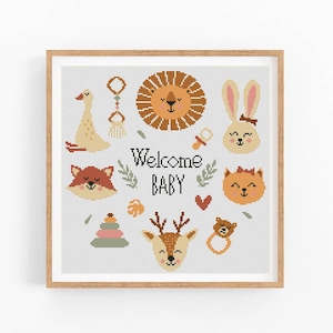 May include: Cross stitch pattern featuring a variety of cute animals, including a lion, bunny, fox, deer, and a goose. The pattern also includes a rattle, a teether, and a stacking toy. The text "Welcome Baby" is included in the pattern.