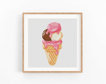 Ice Cream Cross Stitch Pattern Modern Food. Kitchen PDF embroidery design. Funny cross stitch pattern. Cherry ice cream. Instant download