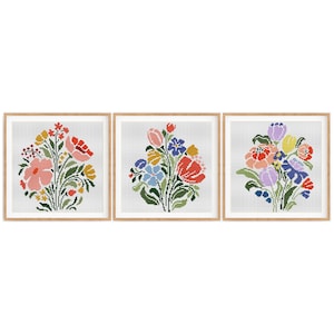 モダンな花のクロスステッチ パターン 3 点セット、抽象的な花のクロスステッチ、初心者向け、小さなクロスステッチ チャート。PDF をすぐにダウンロードできます。