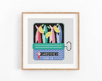 Korsstygnsmönster med sardiner, matkonst med sardiner, korsstygnsmönster med fisk, modern korsstygnsdesign, direktnedladdning i PDF-format