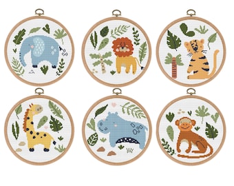 Safari Tiere Kreuzstich Muster Set von 6, Elefant Löwe Tiger Giraffe, Kinderzimmer Kreuzstich, DMC Colors, sofortiger Download, digitale Datei