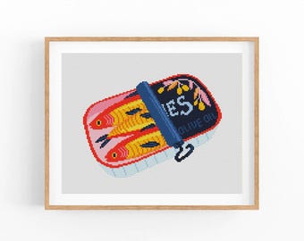 Sardines Can Cross Stitch Pattern, Sardine Food Art, Fish Can Cross Stitch Pattern, Modern Cross Stitch Design, Instant Download PDF