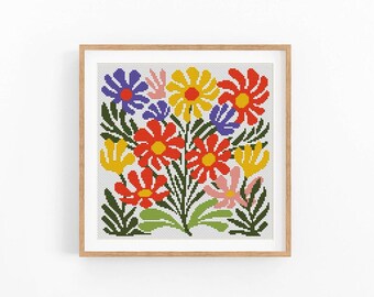 May include: Cross stitch pattern featuring a colorful bouquet of flowers in shades of red, yellow, blue, pink, and green. The flowers are stylized and have a geometric design.