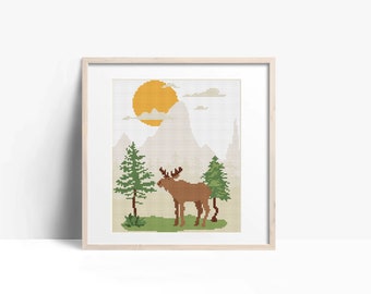 Cross Stitch Pattern PDF Boho Nursery, Moose in forest, Landscape, Modern Cross Stitch, Funny Nursery xstitch chart,Instant download PDF