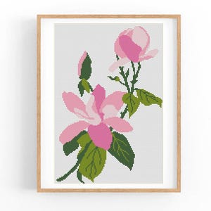 Patrón de punto de cruz floral moderno. Gráfico de punto de cruz contado de flores y magnolias. Bordado de naturaleza. Punto de cruz pequeño. Descarga instantánea en PDF