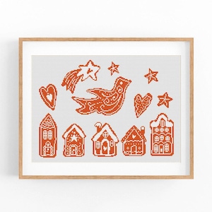 Patrón de punto de cruz navideño, patrón moderno de punto de cruz, casa de jengibre, gráfico de punto de cruz de corazón de amor, árbol de Navidad, descarga instantánea en PDF